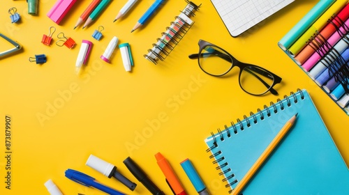 Colorful School Supplies on Bright Yellow Background. Back to school.