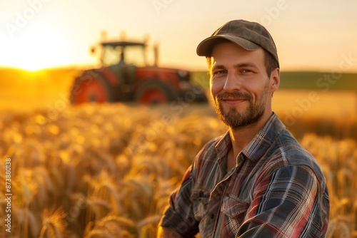 Smiling farmer in field with tractor at sunset