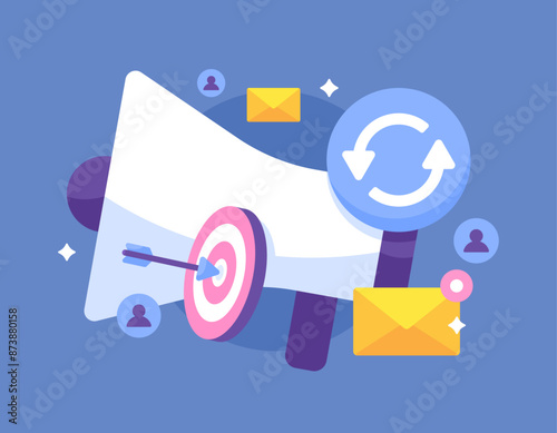 marketing automation concept. marketing automatically, repetitively and more efficiently. digital marketing and technology. illustration of a megaphone, with arrow board, message, and auto symbol