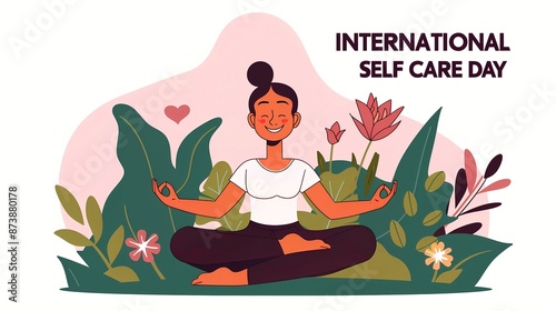 International Self Care Day July 24, happy woman meditating in yoga pose relaxing, flat illustration