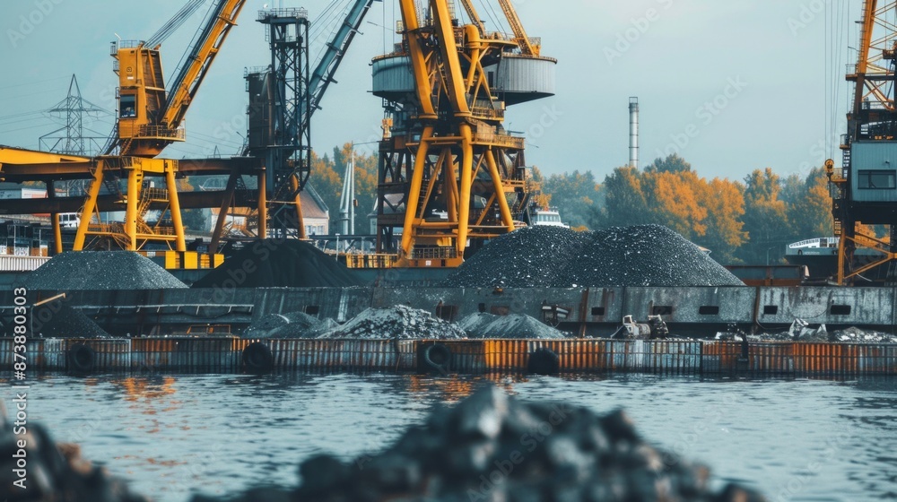 Loading coal anthracite mining in port on cargo tanker ship with crane bucket of train. Loading coal anthracite mining in port on cargo tanker ship with crane bucket of train.