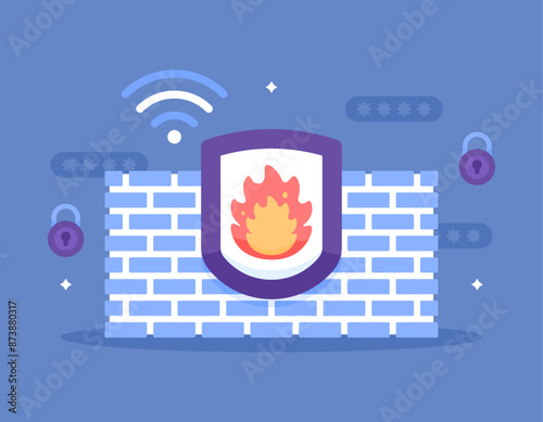 firewall concept. A security system that functions to protect networks and computers from threats. prevent from malicious attacks. illustration of a shield with fire and walls. flat style design