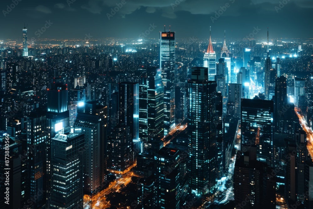 Fototapeta premium Glowing skyscrapers illuminate the futuristic cityscape at night AI generated