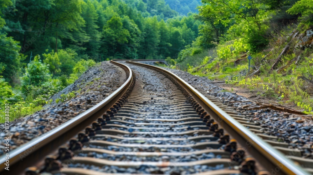 Fototapeta premium Two Tracks in the Forest: Railway Going into the Distance with Electric Rails