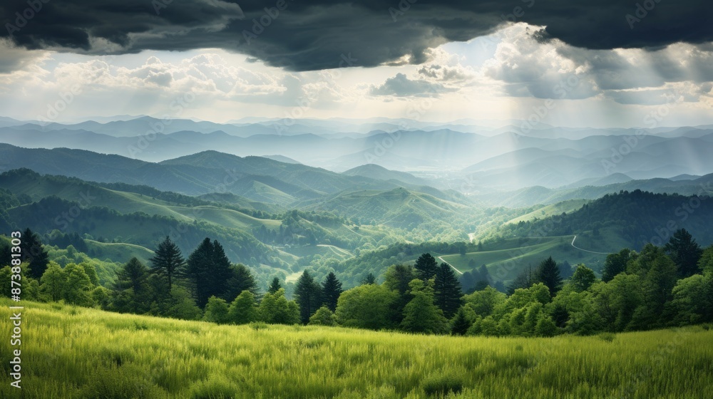 Fototapeta premium glade covered with grass on the background of a mountain massif and forest in the summer season. Trips in the mountains. clean air Concept clean environment.