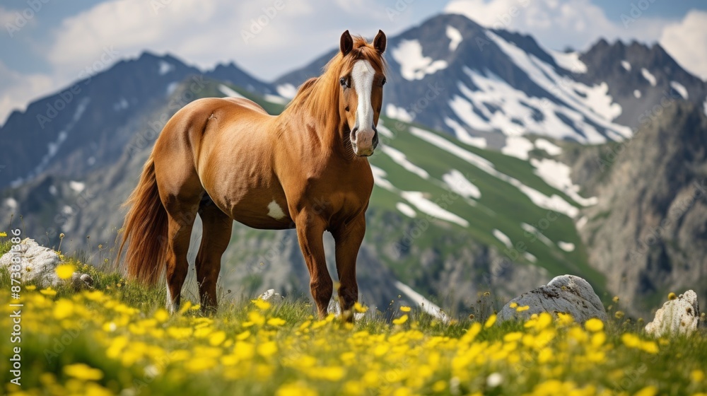 a horse on a mountain glade against the background of mountains. horse farm concept. a horse on a mountain glade against the background of mountains. horse farm concept.
