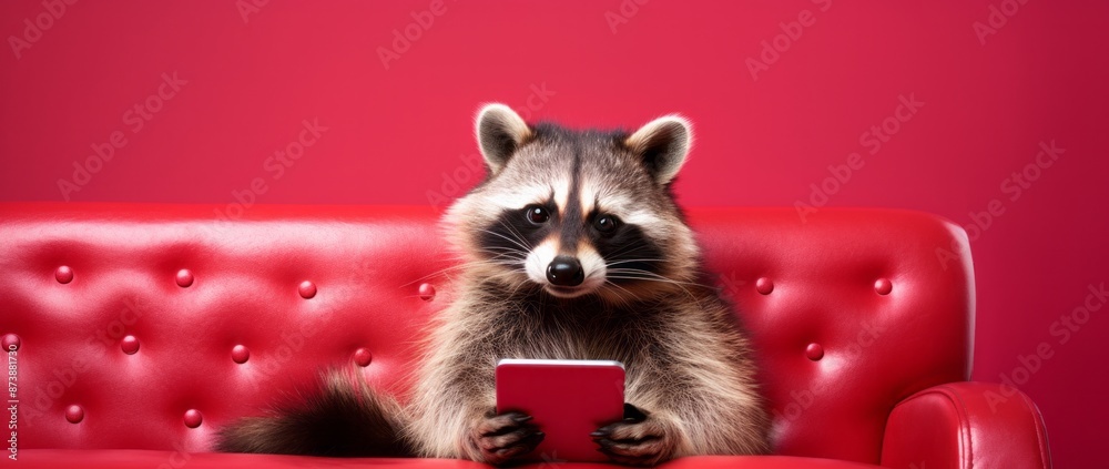 A raccoon holding a mobile phone in its paws on a pink sofa on a pink background. The concept of creativity in social networks. A raccoon holding a mobile phone in its paws on a pink sofa on a pink background. The concept of creativity in social networks.