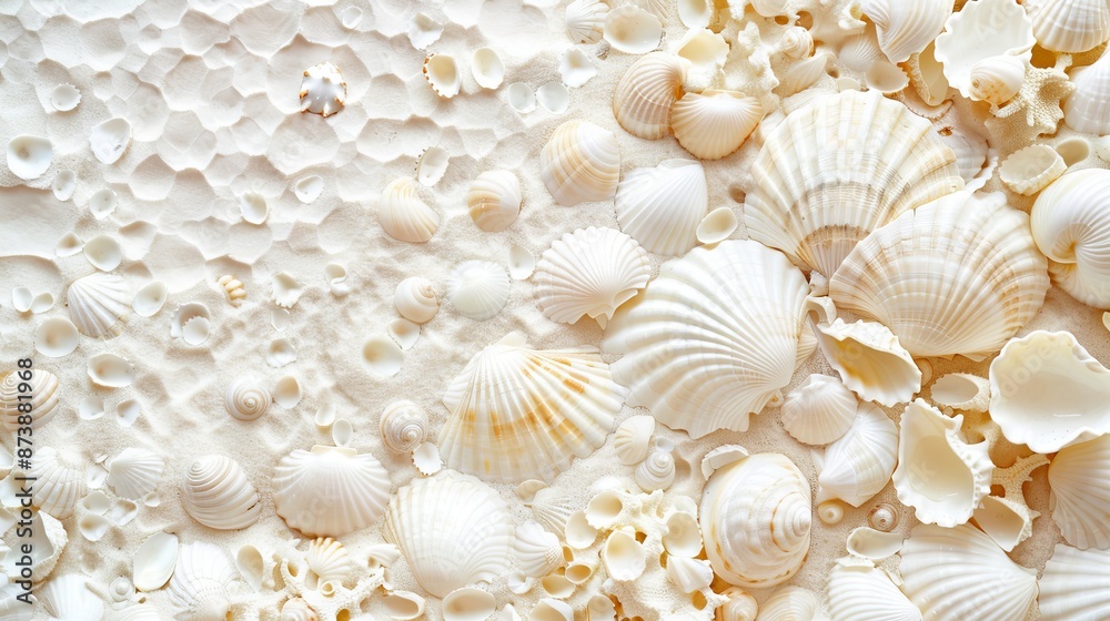 White and pearl seashells on a flat surface, creating an abstract background. White and pearl seashells on a flat surface, creating an abstract background.