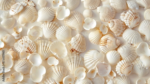 White and pearl seashells on a flat surface, creating an abstract background. © Suleyman
