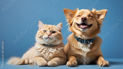 Banner with pets. Dog and cat smiling with happy expression and closed eyes. Isolated on blue colored background