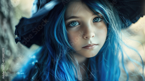 Portrait of a young girl with blue long hair dressed like a powerful magician or an elf © Sergei