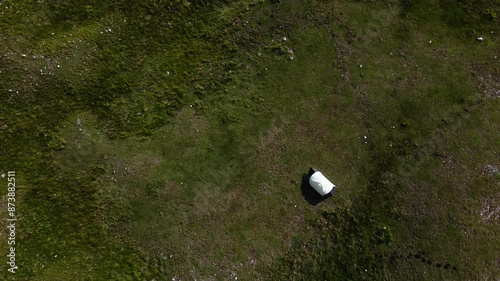 Drone view of a tourist tent on a green meadow in the mountains