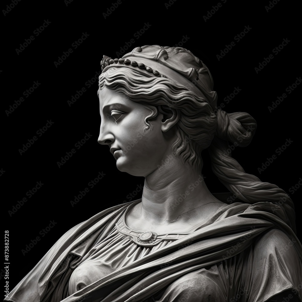 A monochrome photo of a classical sculpture showing a woman holding a baby. The statue is made of metal, with intricate details in the forehead and eyes, set against a backdrop of darkness A monochrome photo of a classical sculpture showing a woman holding a baby. The statue is made of metal, with intricate details in the forehead and eyes, set against a backdrop of darkness
