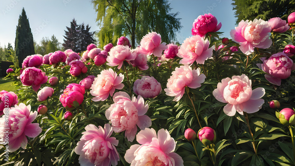 Garden with Peony on sunny day, Generative AI Garden with Peony on sunny day, Generative AI