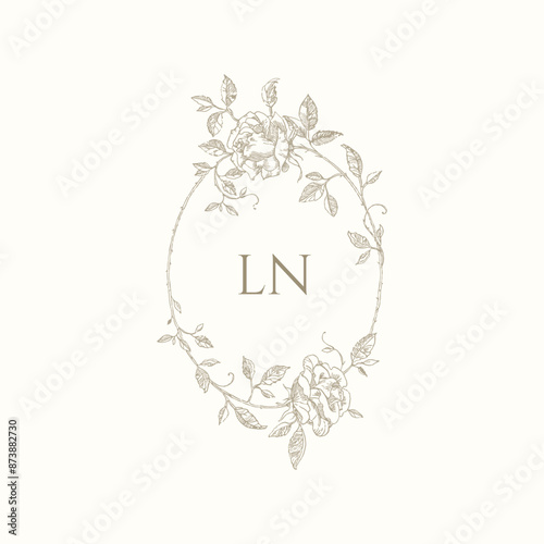 Roses frame monogram. Oval flower frame.