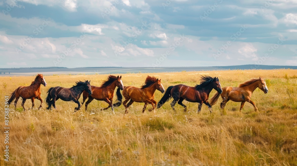 Horses Running In Pasture. Majestic Equine Animals in Natural Landscape