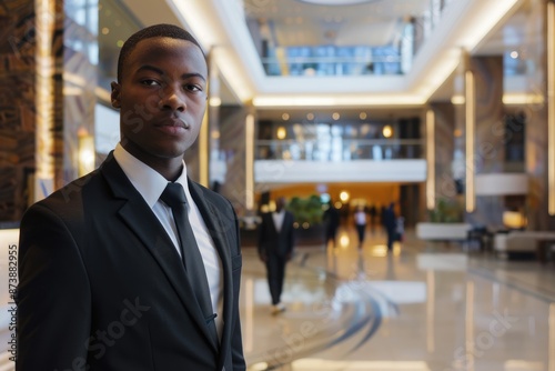 Hotel Security. Modern Business Protection with Young Adult Service Professionals in Lobby Decor