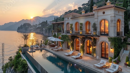 Villa nestled along the breathtaking Amalfi Coast of Italy, with panoramic views of the sparkling Mediterranean Sea.