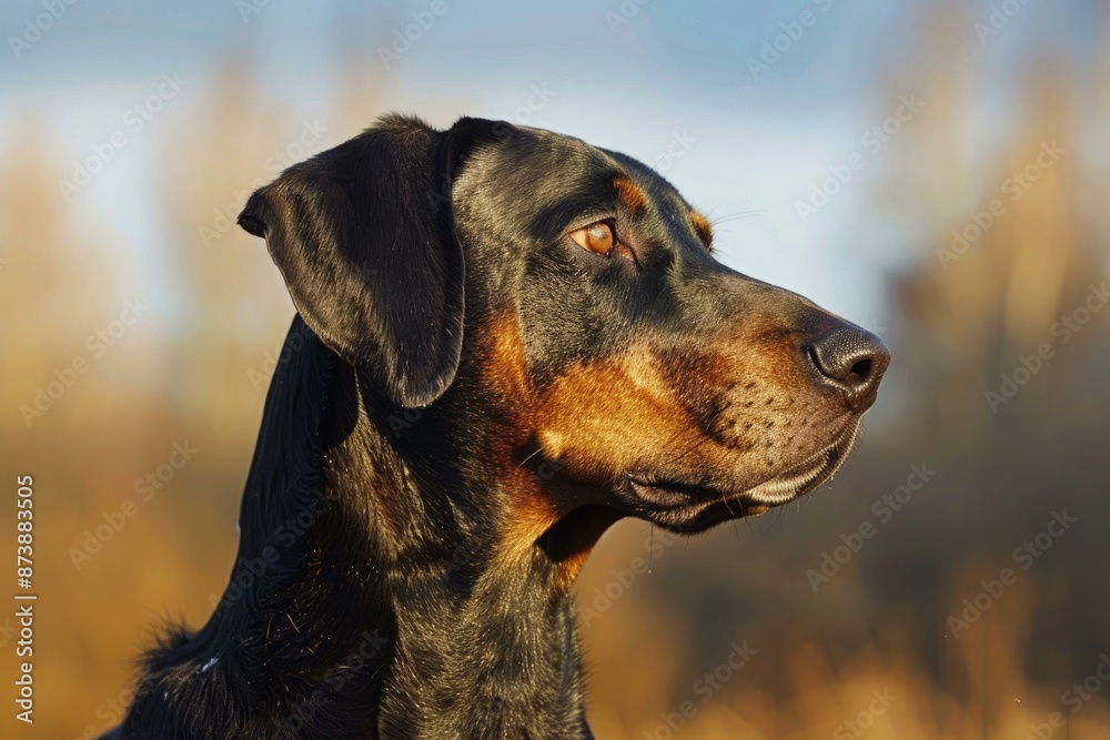 Side profile of a doberman dog with a warm, golden autumnal backdrop Side profile of a doberman dog with a warm, golden autumnal backdrop