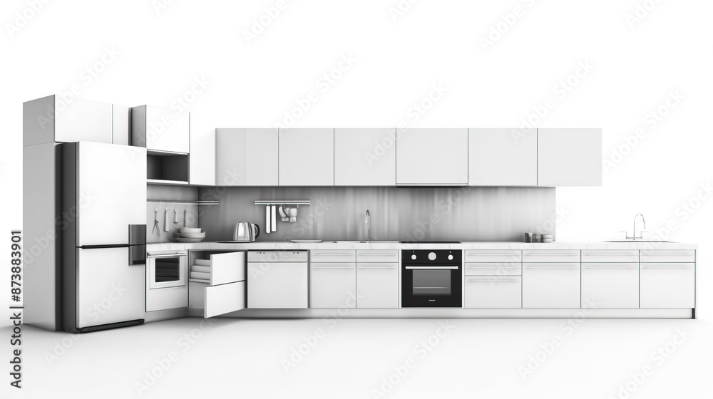 Modern white kitchen, minimalist interior design on white background isolate. AI generated. Modern white kitchen, minimalist interior design on white background isolate. AI generated.
