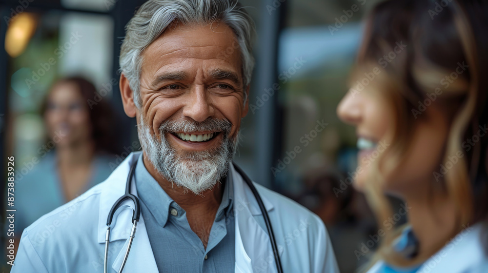 Portrait of an adult male doctor in a white coat receiving a client in a modern clinic. A smiling doctor works in a clinic. Medicine concept. Portrait of an adult male doctor in a white coat receiving a client in a modern clinic. A smiling doctor works in a clinic. Medicine concept.