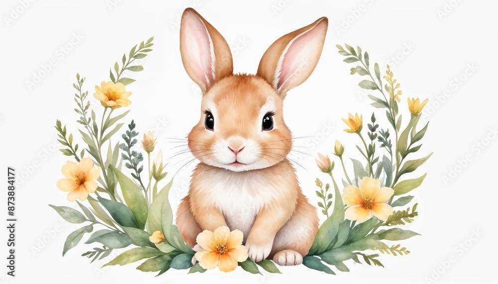 Obraz premium Baby rabbit with flowers, Baby Animal, nursery art style. Ideal for nursery decor, children's art and baby shower greeting card