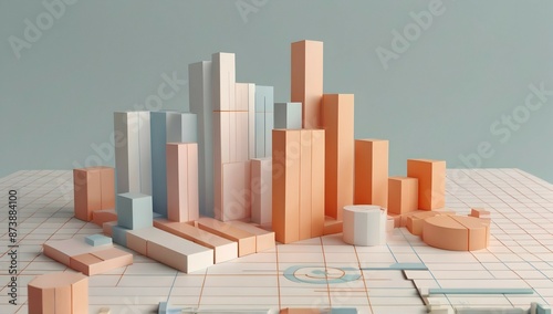 A vector style graph concept in 3d, light colours, light orange colour, soft, pastel, bar charts, pie charts, visualization, line graph, peachy pastel, white