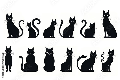 A black cat on a white background is a set of icons of silhouettes of a cat. Halloween Decorations