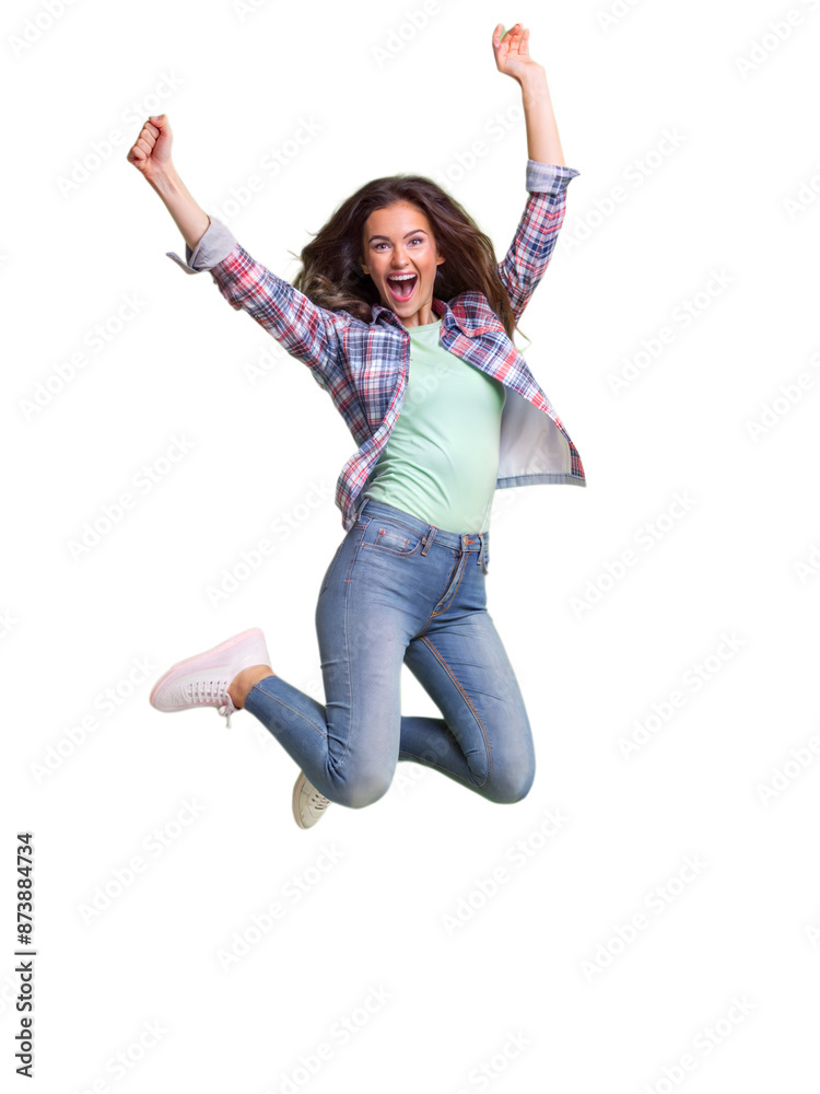 Happy young girl jumping isolated on white background, png Happy young girl jumping isolated on white background, png