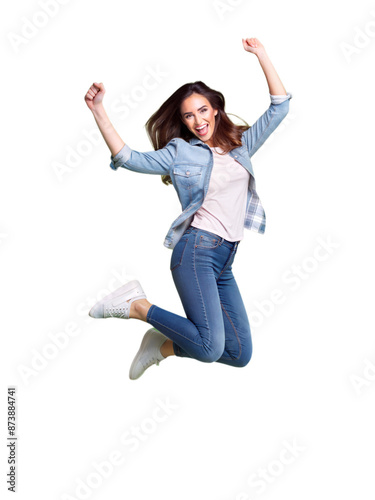 Happy young girl jumping isolated on white  background, png