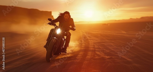 Man Riding Motorcycle at Sunset in the Desert photo