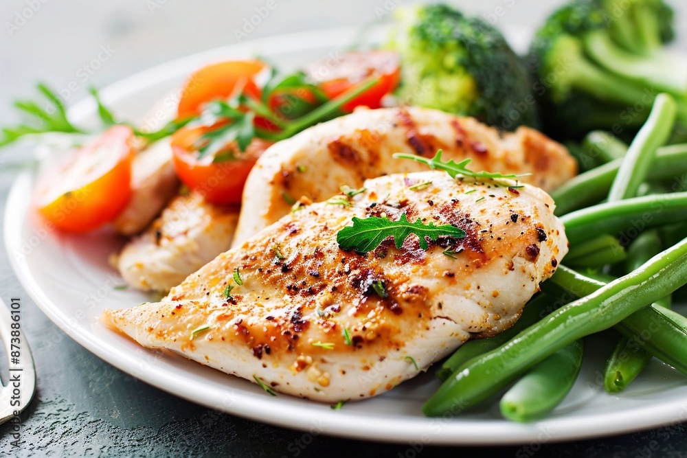 Grilled chicken fillet with broccoli and tomatoes on light table for healthy diet lunch.Macro.AI Generative. Grilled chicken fillet with broccoli and tomatoes on light table for healthy diet lunch.Macro.AI Generative.