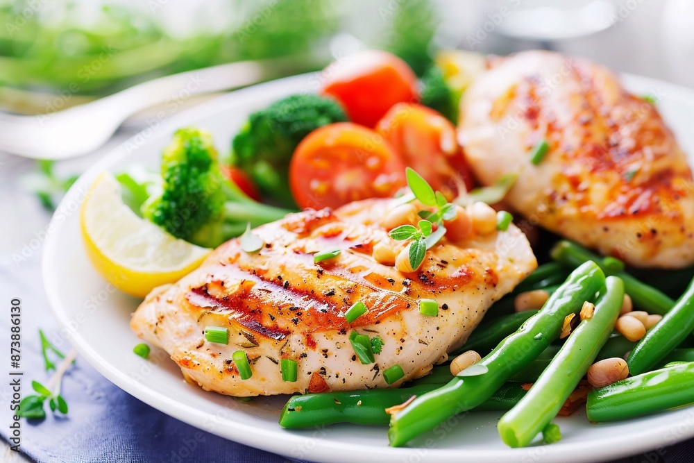 Grilled chicken fillet with broccoli and tomatoes on light table for healthy diet lunch.Macro.AI Generative. Grilled chicken fillet with broccoli and tomatoes on light table for healthy diet lunch.Macro.AI Generative.