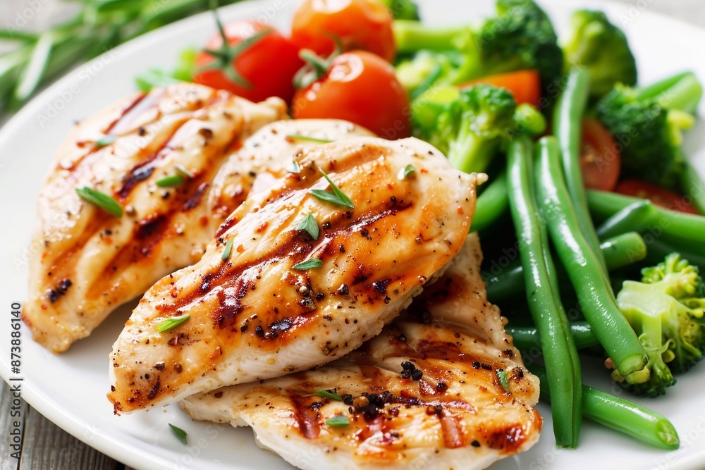 Grilled chicken fillet with broccoli and tomatoes on light table for healthy diet lunch.Macro.AI Generative.