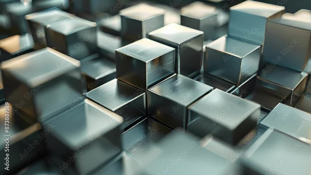 An industrialinspired image of steel cubes arranged in a precise and calculated manner.