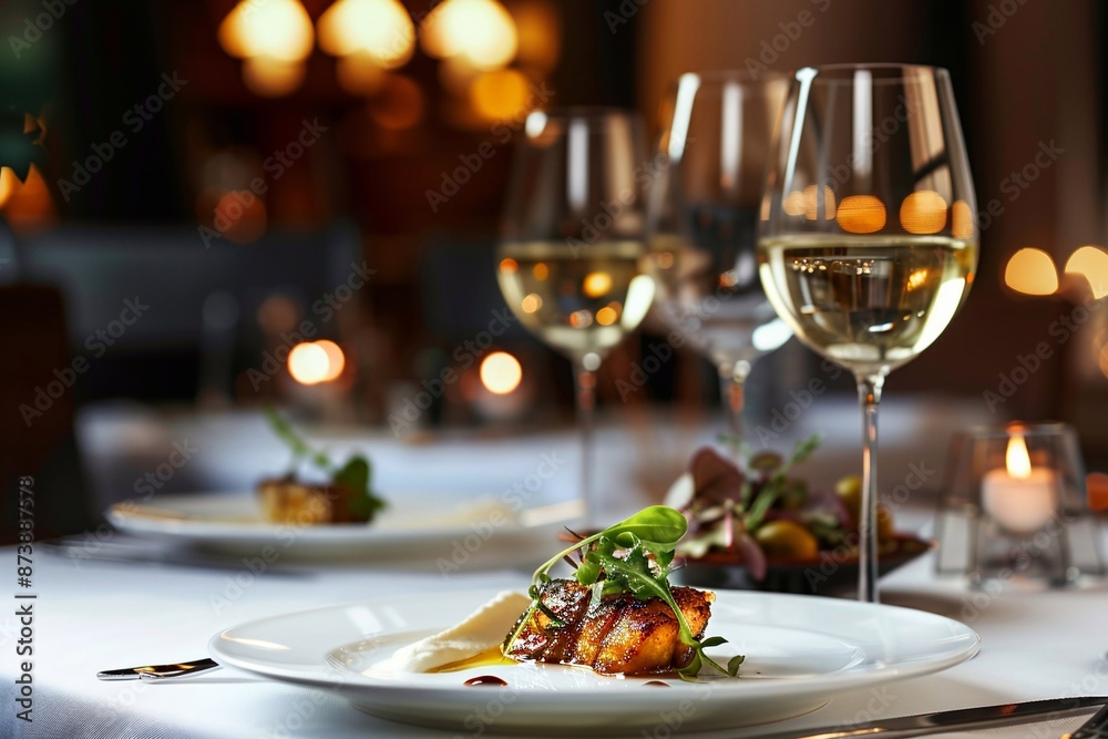 Plate with chef's exclusive dish with glasses of white wine in luxury modern restaurant.Macro.AI Generative. Plate with chef's exclusive dish with glasses of white wine in luxury modern restaurant.Macro.AI Generative.