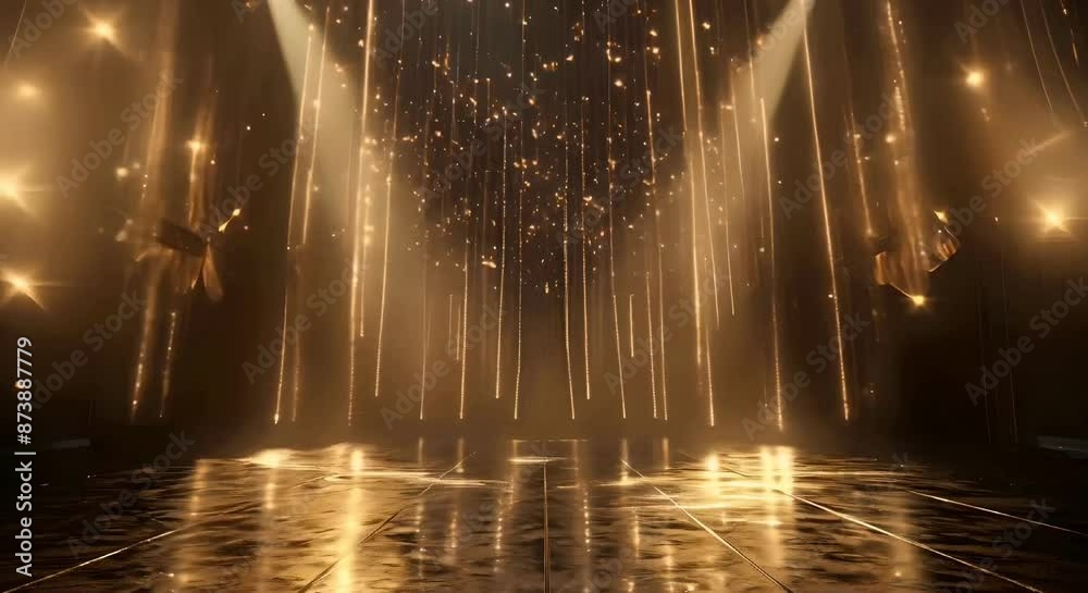 stage opening golden stage glitter animation, spotlights and luxury gold light streak. Particle luxury for ceremony background	
