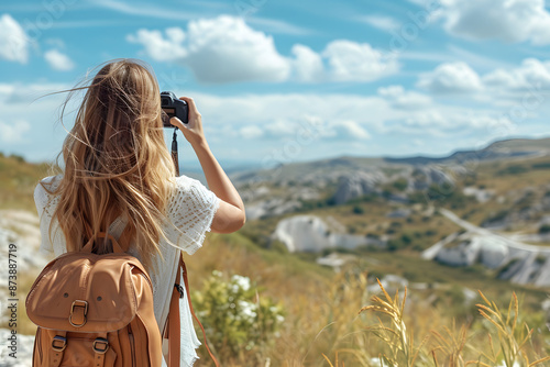 female photographer with scenic landscape with her camera. The backdrop features rolling hills, bright, blue sky filled with clouds. sense of adventure and exploration