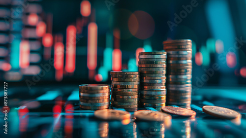 A stack of money coins accompanied by a trading graph, representing financial investment concepts and suitable for use as a background in finance-related presentations or designs.