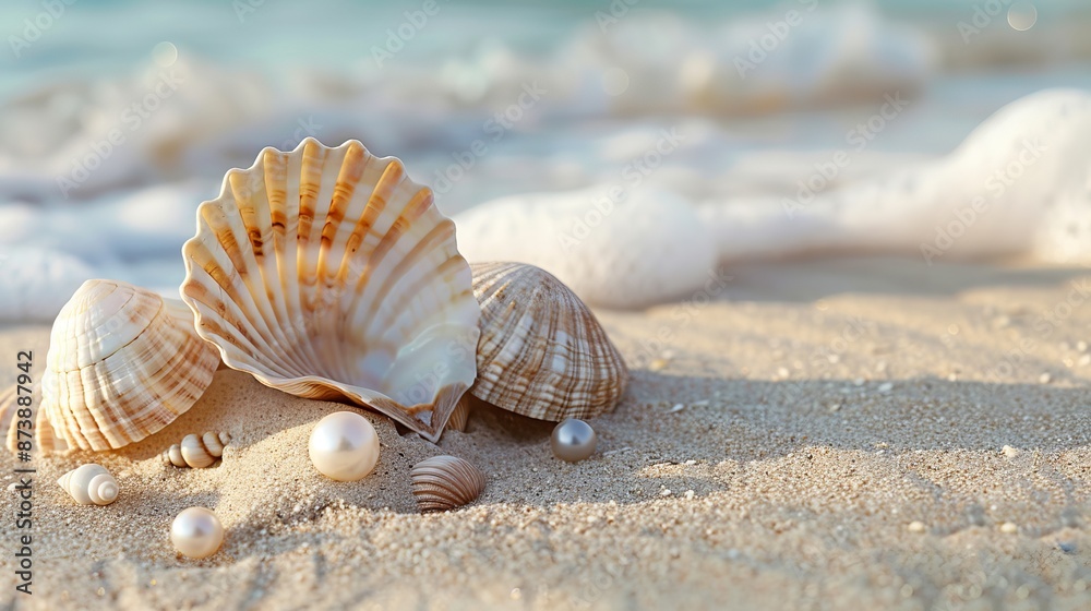 Seashells and a pearl rest on the sandy beach. Seashells and a pearl rest on the sandy beach.