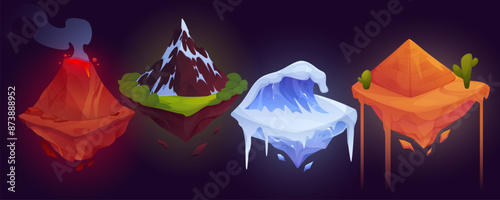 Game platform. Playing island location. Map interface. Ice mountain and volcano fire. Flying rock glacier. Desert nature landscape. Fantasy cloud cartoon icon. 3D UI elements set. Vector ground GUI