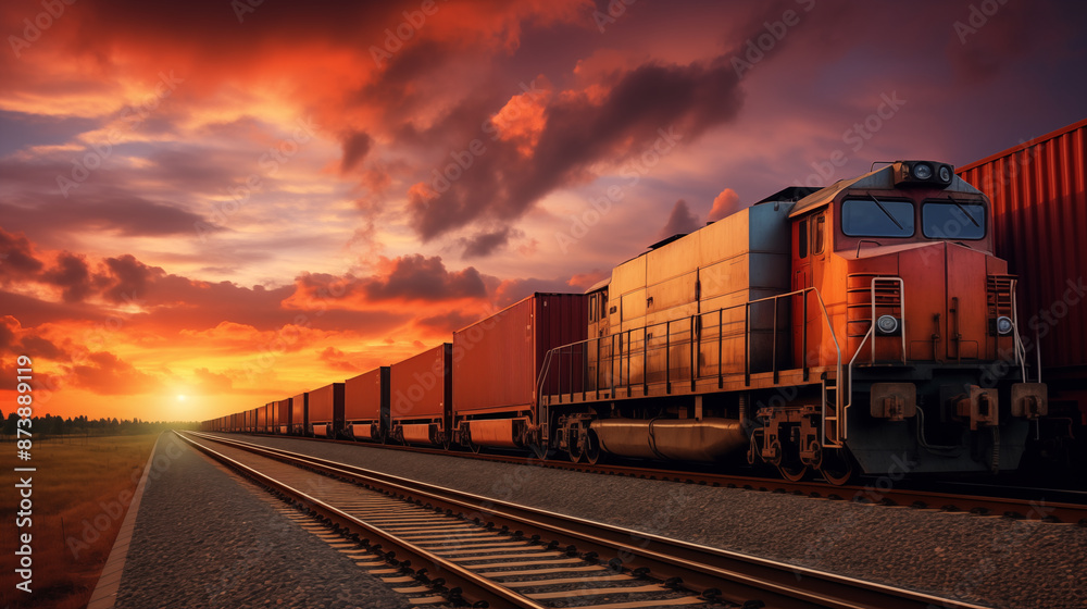 Fototapeta premium Container train on railway, Transportation and logistic.