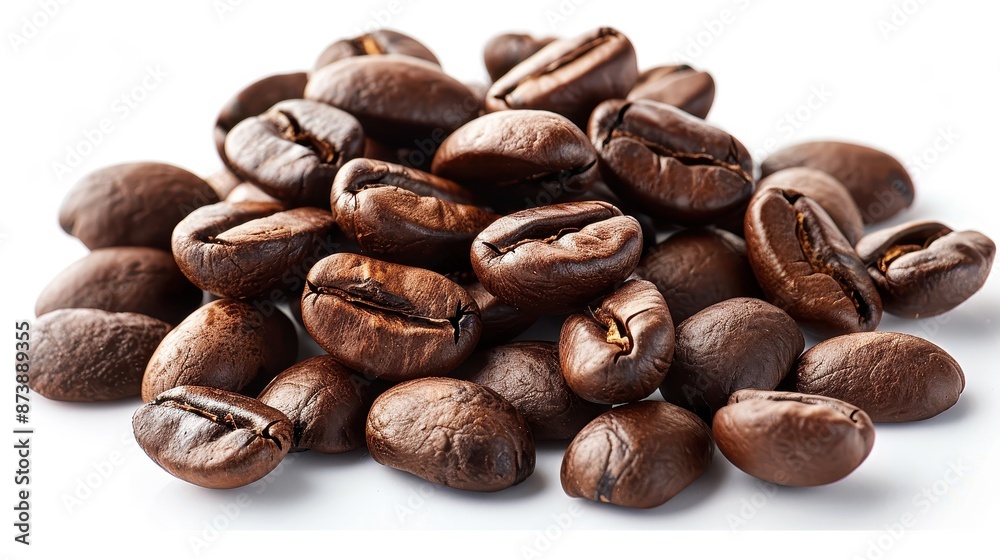 Close-up of roasted coffee beans on a white background, showcasing their rich brown color and detailed texture, ideal for beverage and food photography. Close-up of roasted coffee beans on a white background, showcasing their rich brown color and detailed texture, ideal for beverage and food photography.
