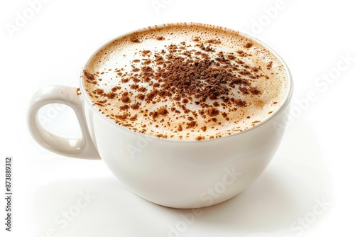 A frothy cappuccino with sprinkled cocoa powder in a white cup, perfect for a cozy morning or afternoon coffee break.