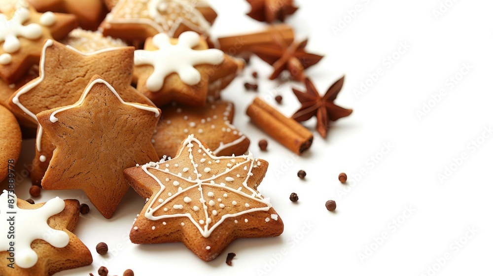 Star shaped gingerbread cookies for Christmas and New Year s with white background and space for text Star shaped gingerbread cookies for Christmas and New Year s with white background and space for text