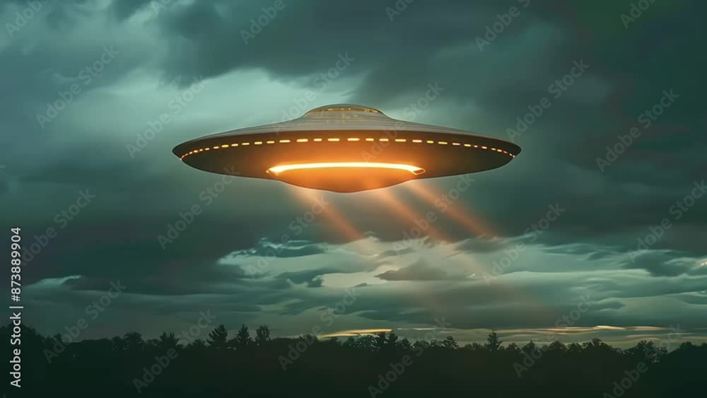 UFO with radiant lights hovering over forest under night sky. Futuristic alien spaceship. Copy space. Ideal for projects exploring extraterrestrial themes, science fiction, and unknown. Sci-fi concept UFO with radiant lights hovering over forest under night sky. Futuristic alien spaceship. Copy space. Ideal for projects exploring extraterrestrial themes, science fiction, and unknown. Sci-fi concept