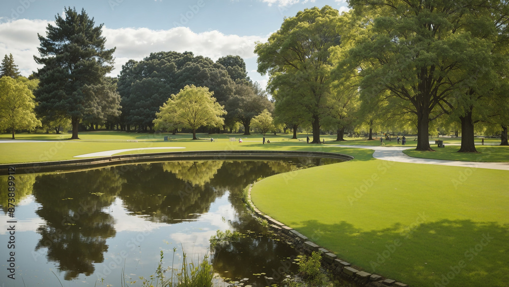 The image shows a grassy park with a small pond, several large trees and a paved path. The sky is blue and sunny.

