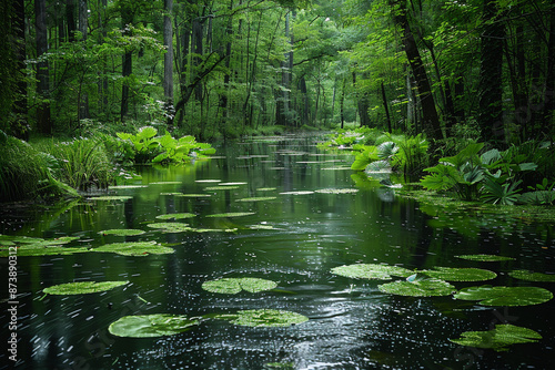 Lush swamp bursting with vibrant greenery, peaceful streams, and a thr photo