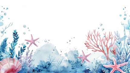 Underwater world design with watercolor splashes. Perfect for text, packaging, and prints. Features sea creatures, plants, shells, starfish, and corals.