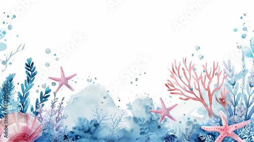Underwater world design with watercolor splashes. Perfect for text, packaging, and prints. Features sea creatures, plants, shells, starfish, and corals. photo